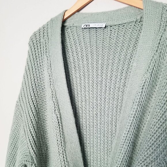 ZARA Sage Green Knit Wrap Tie Belt Cardigan M Sweater Chunky Knit Cozy Soft Long - Picture 15 of 16